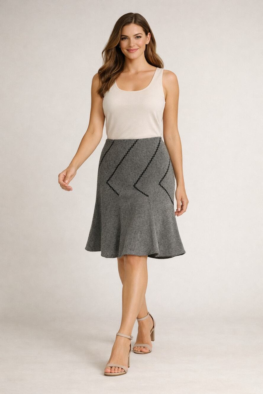Black Herringbone Midi Skirt Diagonal Seams Sz 4 Boho Preppy
